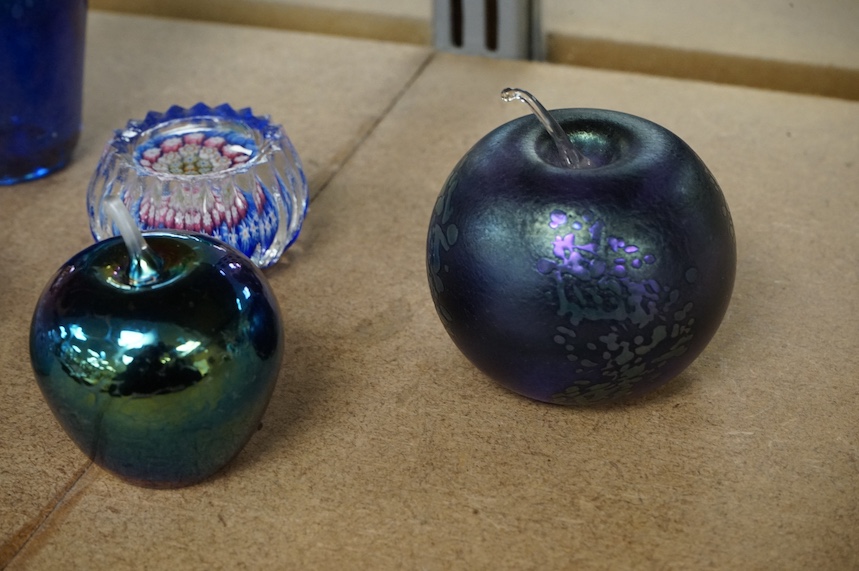 A small Glasform ‘apple’ paperweight, another signed ‘apple’ scent bottle, two millefiori paperweights and a small glass vase signed ‘Andrew Sanders’, 11cm. Condition - good